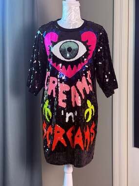 Pinklicious Dreams in Creams Black Sequin Graphic Tunic Dress One Size Festival